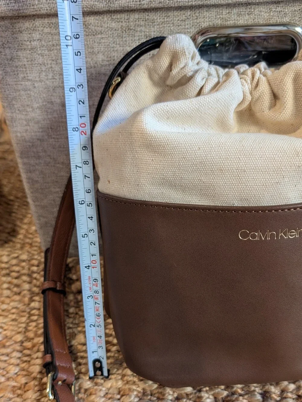 Calvin Klein Brown and Cream Canvas Drawstring Crossbody Bucket Bag Equestrian